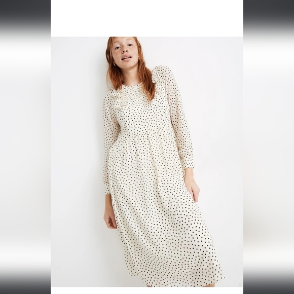 Madewell Smocked Ruffle- Shoulder Midi Dress In Inkbrush Dots. Size M - Picture 1 of 12